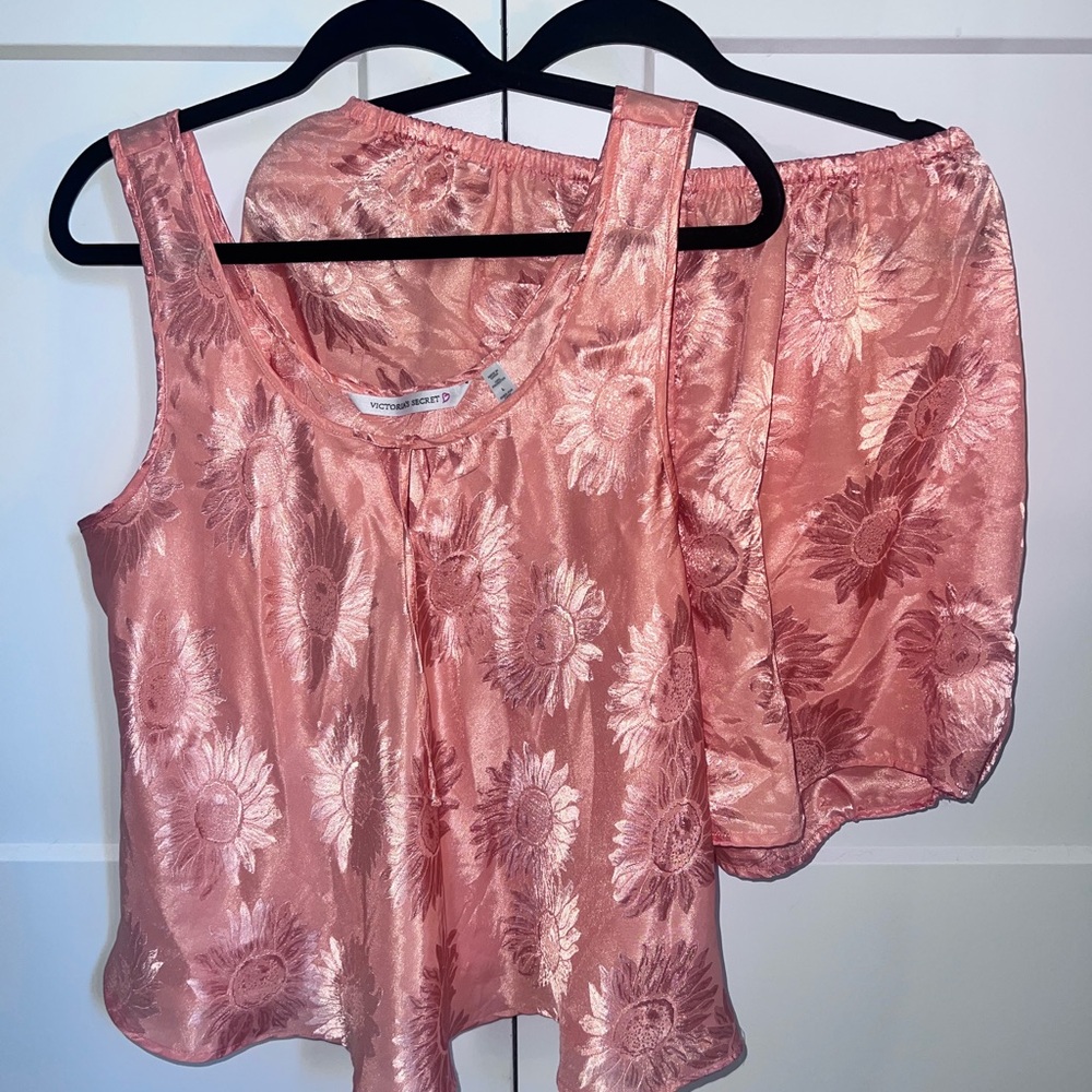 Victoria Secret Orange Floral Satin Sleepwear Set 90s/00s Sunflower Tank Shorts